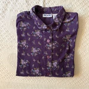 Blair Corduroy Shirt Blouse Womens XL Purple Floral Button Up Collared Boho